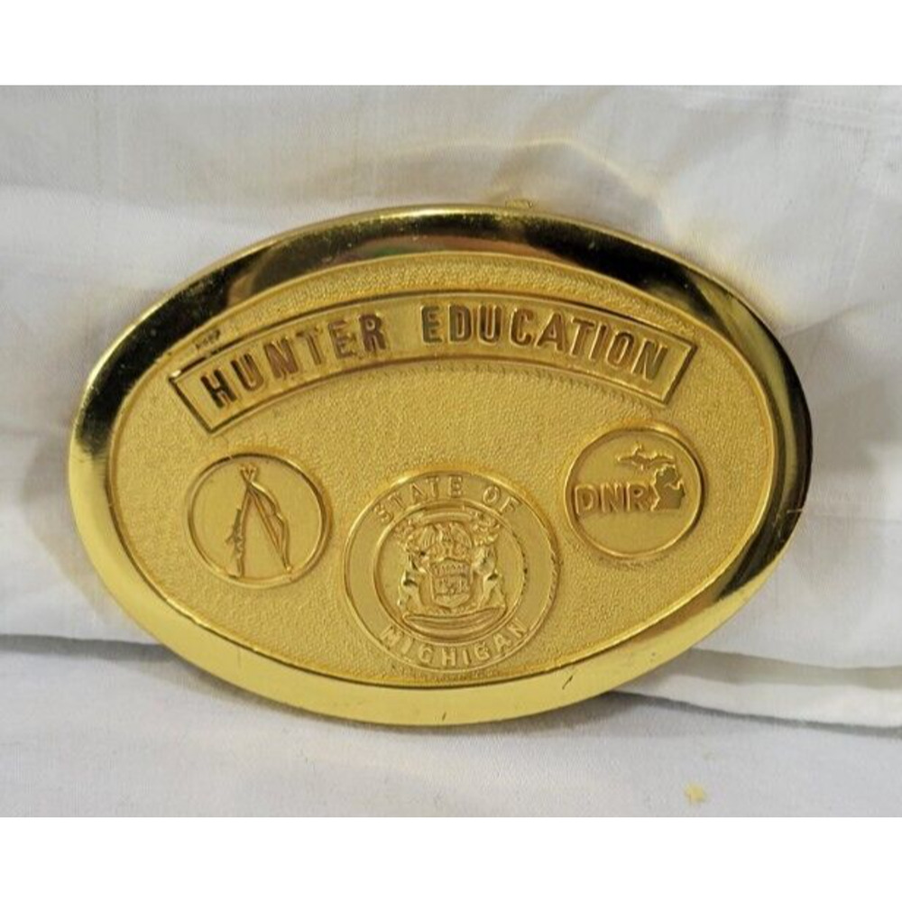 State Of Michigan Hunter Education Gold Belt Buckle
